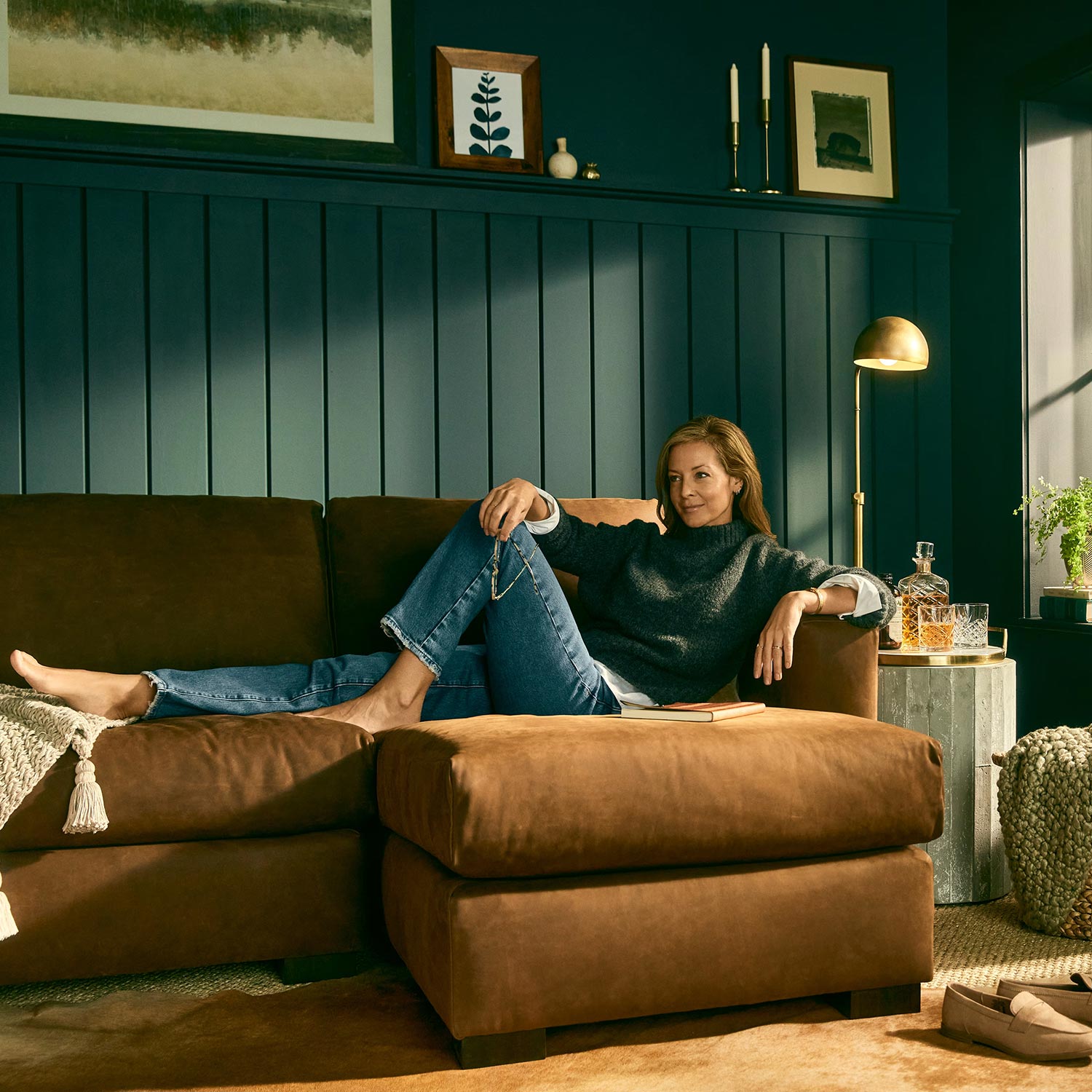Model on Weldon Leather sectional